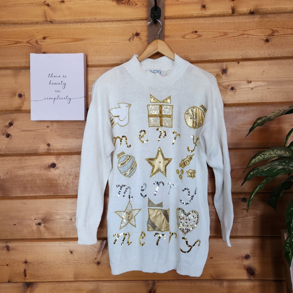 P' Galli Vintage 80s 90s Christmas Sweater Tunic Gold Silver Sequins Merry Sz‎ M